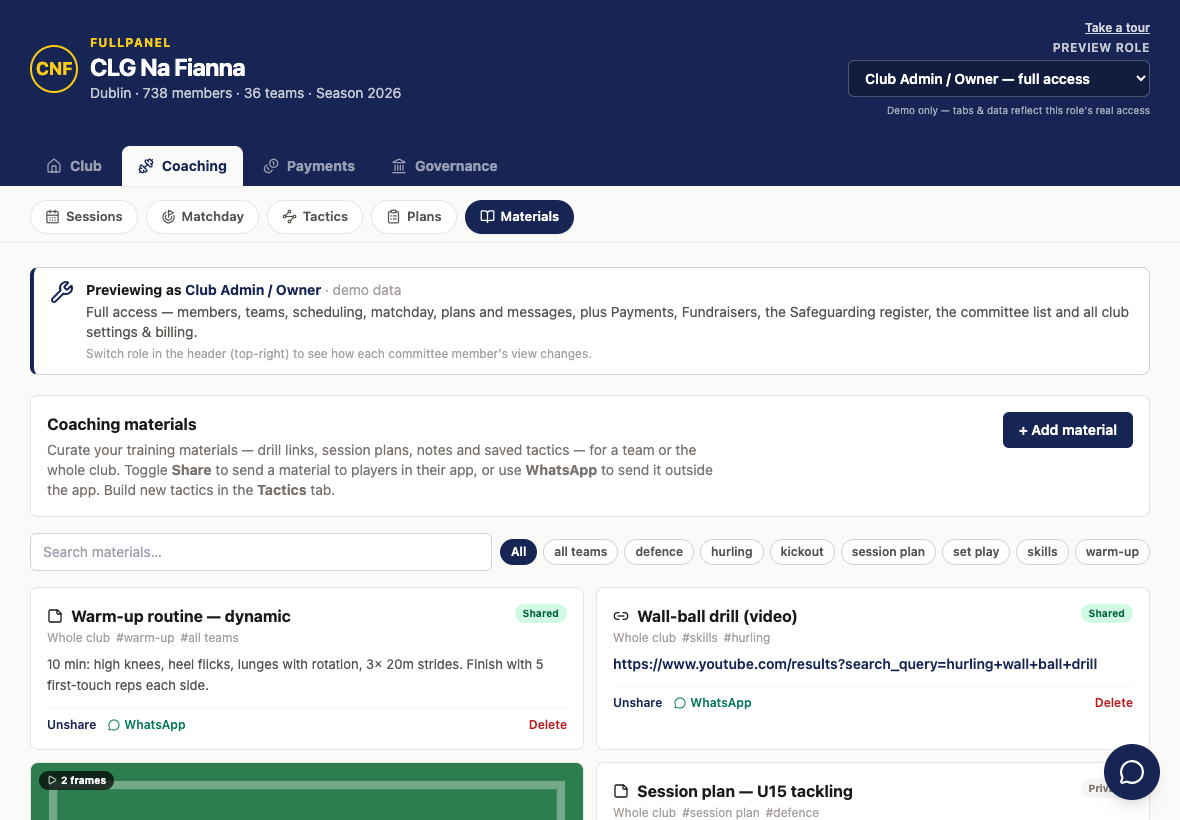 FullPanel coaching materials library with search and tags