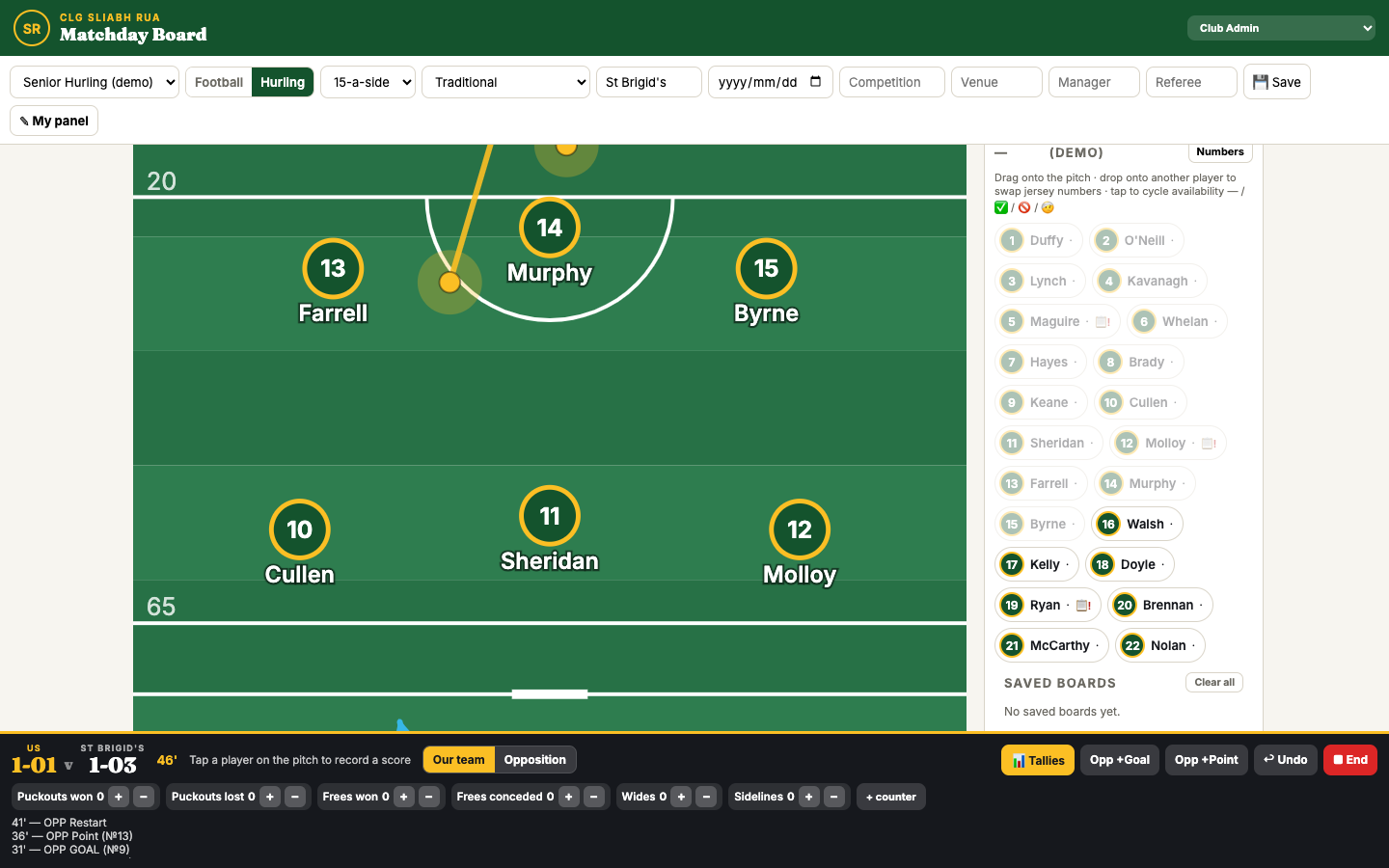 The full Matchday Board on a laptop — lineup, live score, tallies and panel