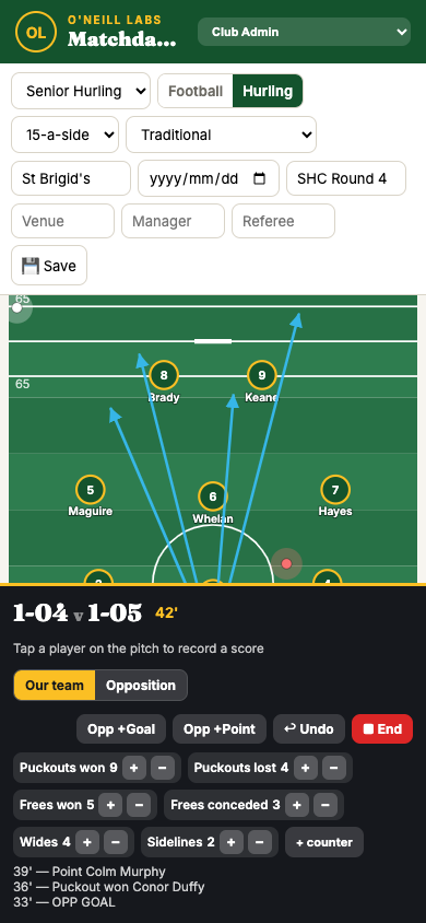 Live GAA match tracking on a phone — score, tallies and event log