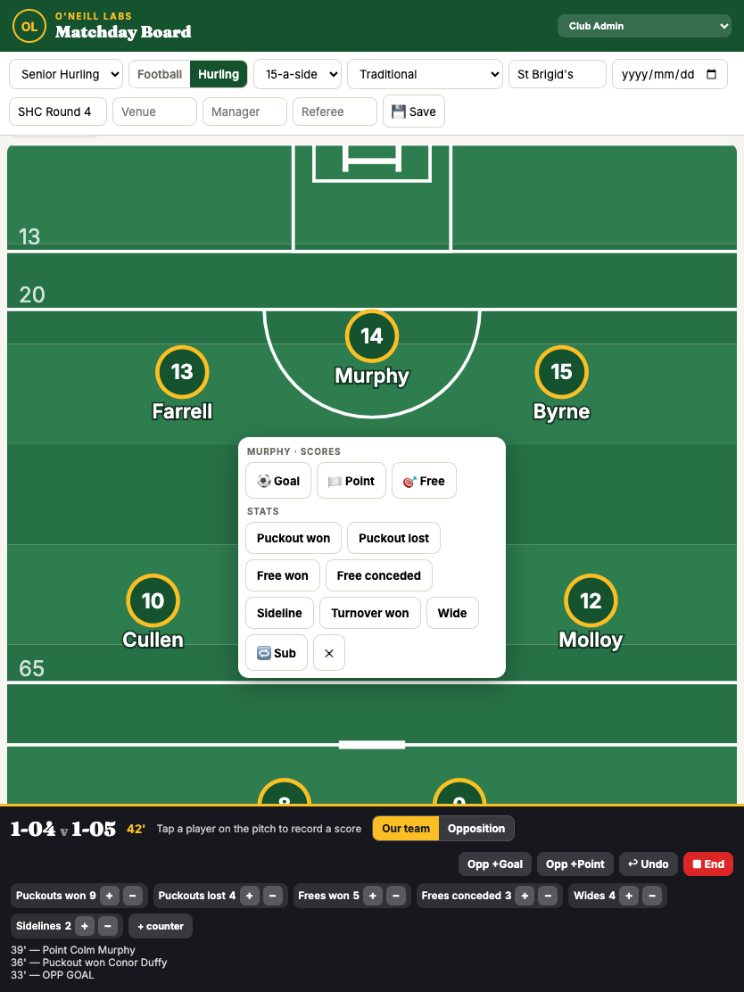 One-tap per-player stats on tablet — puckouts, frees, sidelines, turnovers and substitutions