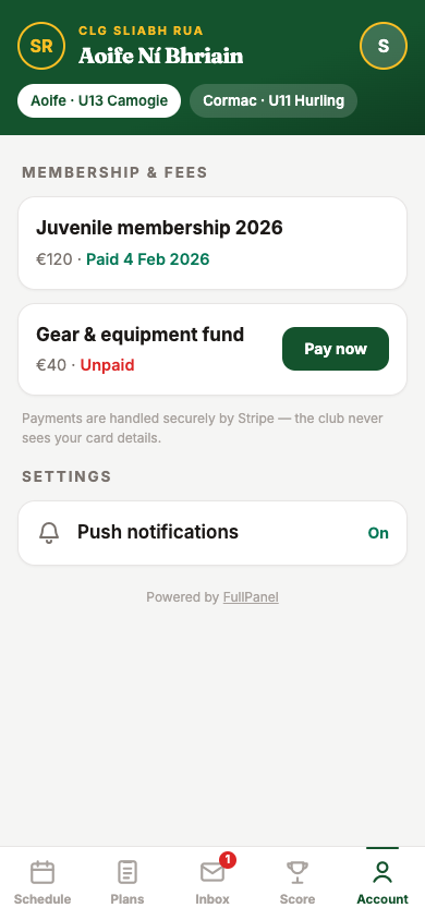 Membership fees in the member portal — paid status and Pay now via Stripe