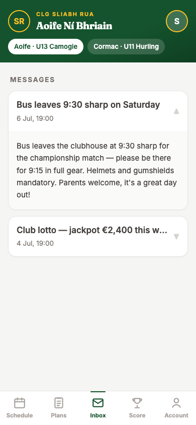 Club messages in the member portal inbox