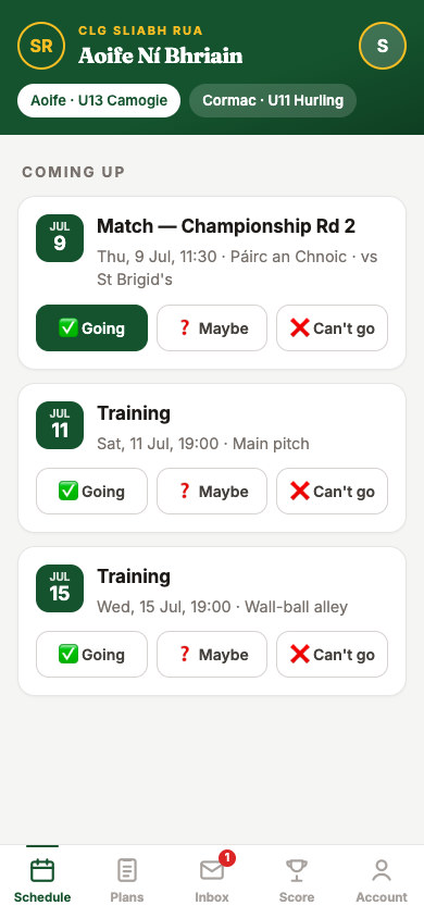 Member portal schedule with one-tap RSVP, in the club's colours